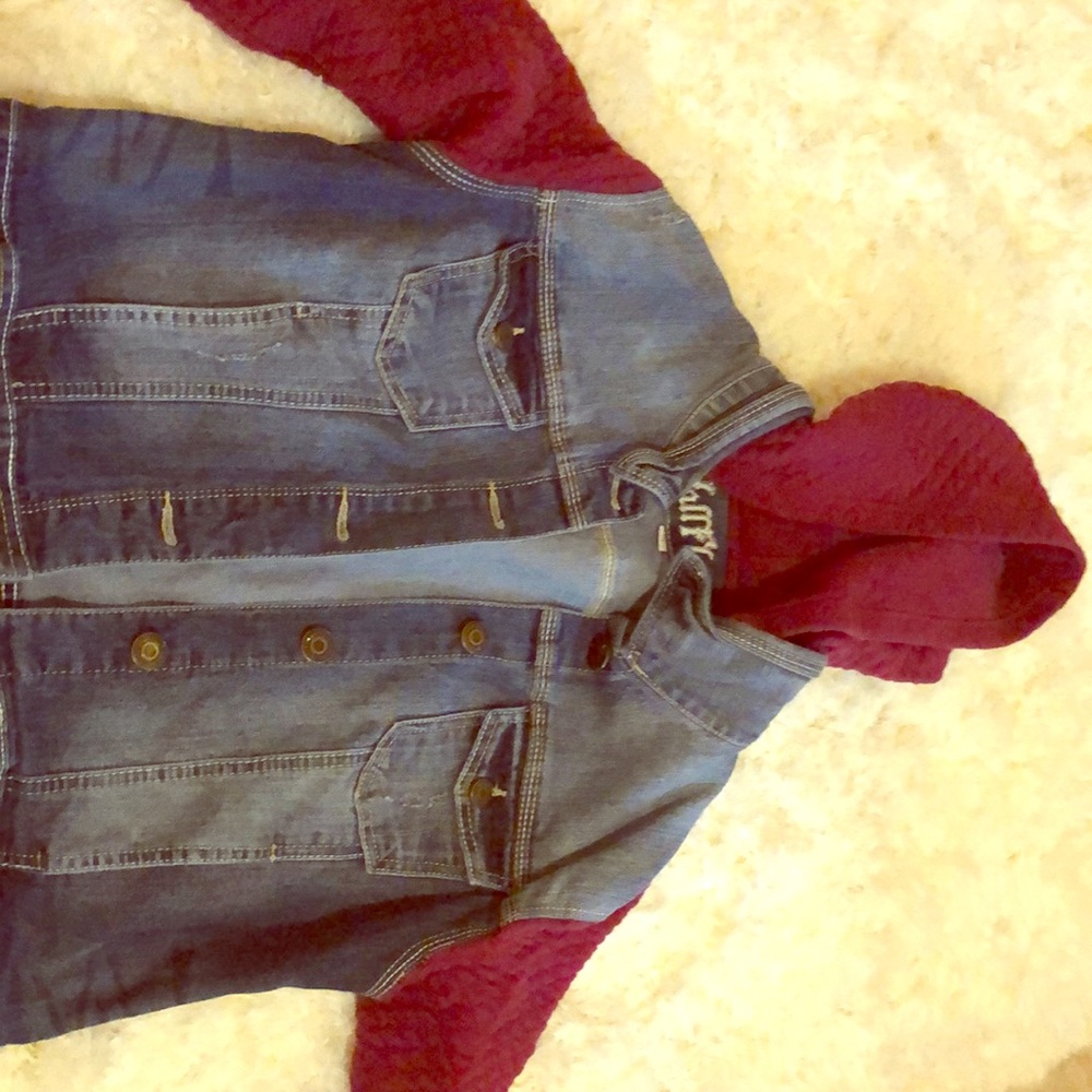 Jean jacket with Burgundy sleeves and hood